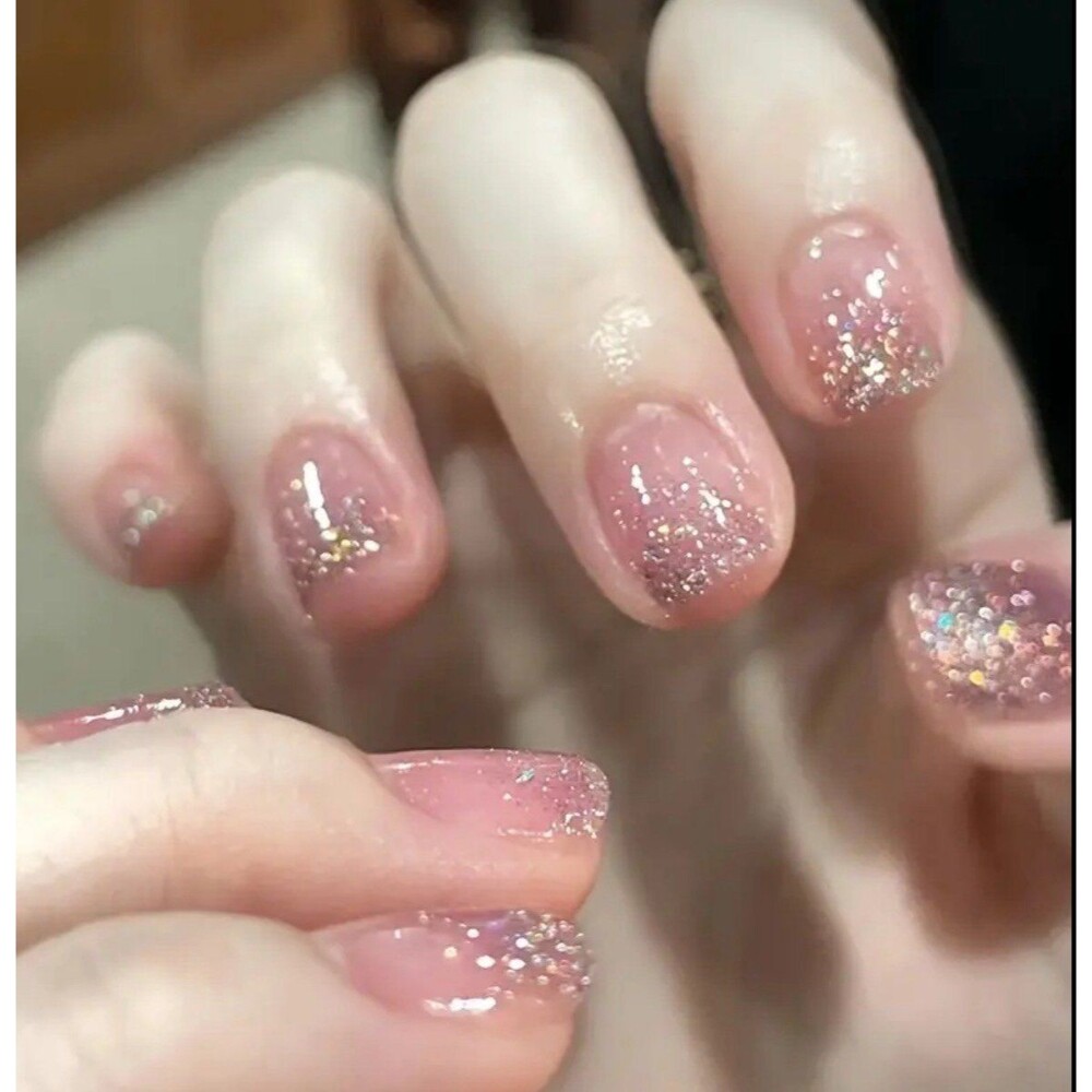 Sparkling Elegance: 24 Pcs Short Acrylic Pink Glitter Press On Nails